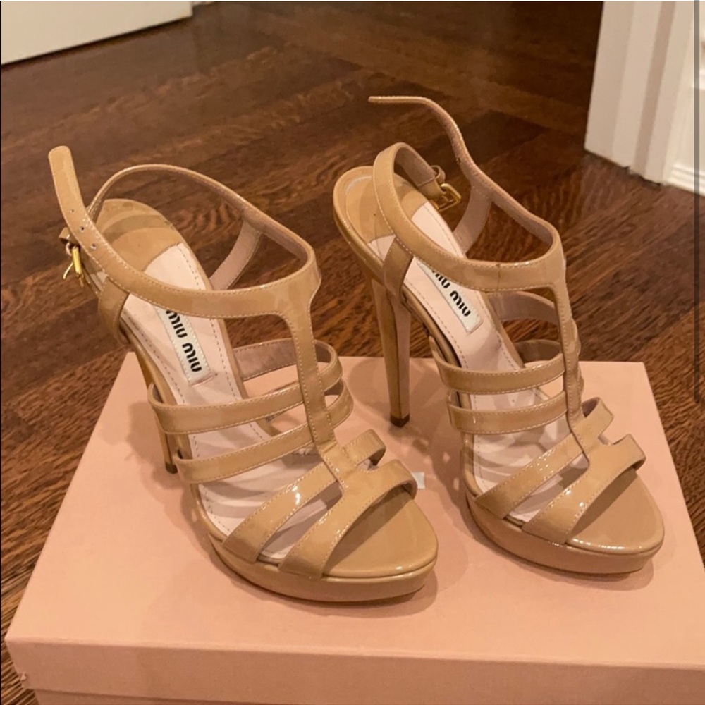 Miu Miu Caged Nude Patent Leather Sandals
